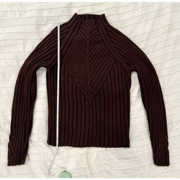 Ribbed Mock Neck Sweater Women's Small Brown Cotton Dark Academia Minimalist - Picture 4 of 16